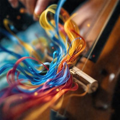 The primary subject of the image is a person playing a musical instrument, specifically a violin. The person is holding the violin, and it appears to be a colorful and vibrant scene. The setting is likely a performance or practice area, and the visual style is a combination of photo and digital art. The colors and mood of the image are lively and energetic, with the violin and the person's hands being the main focus.